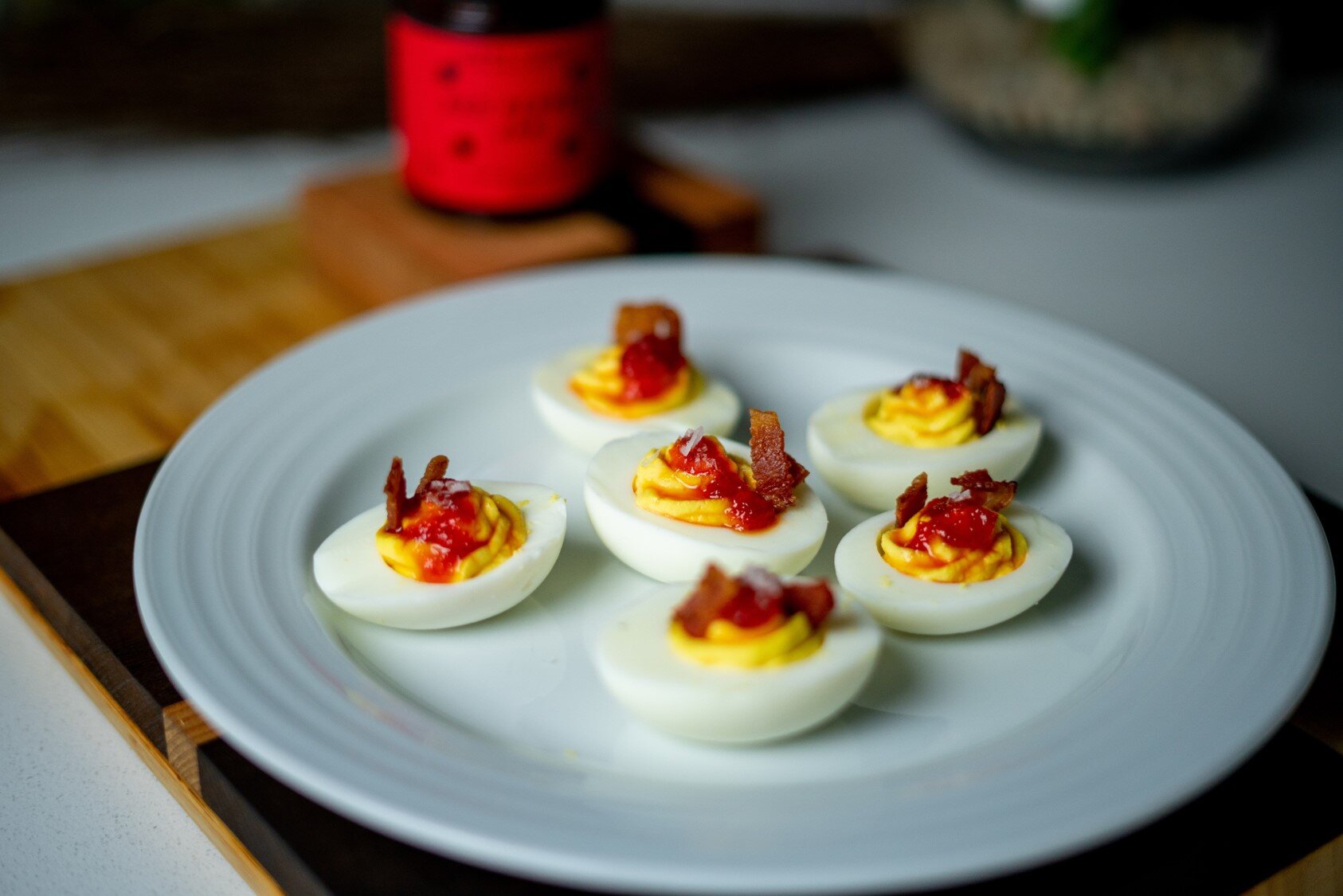 Deviled Eggs with Bacon and Red Pepper Jam