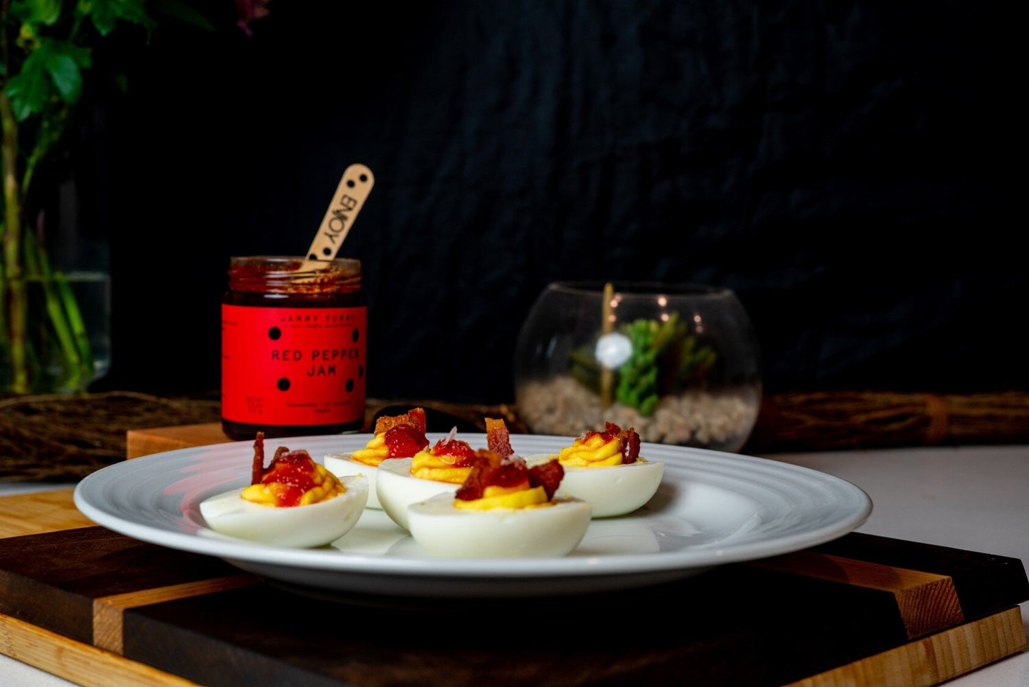 Deviled Eggs with Bacon and Red Pepper Jam